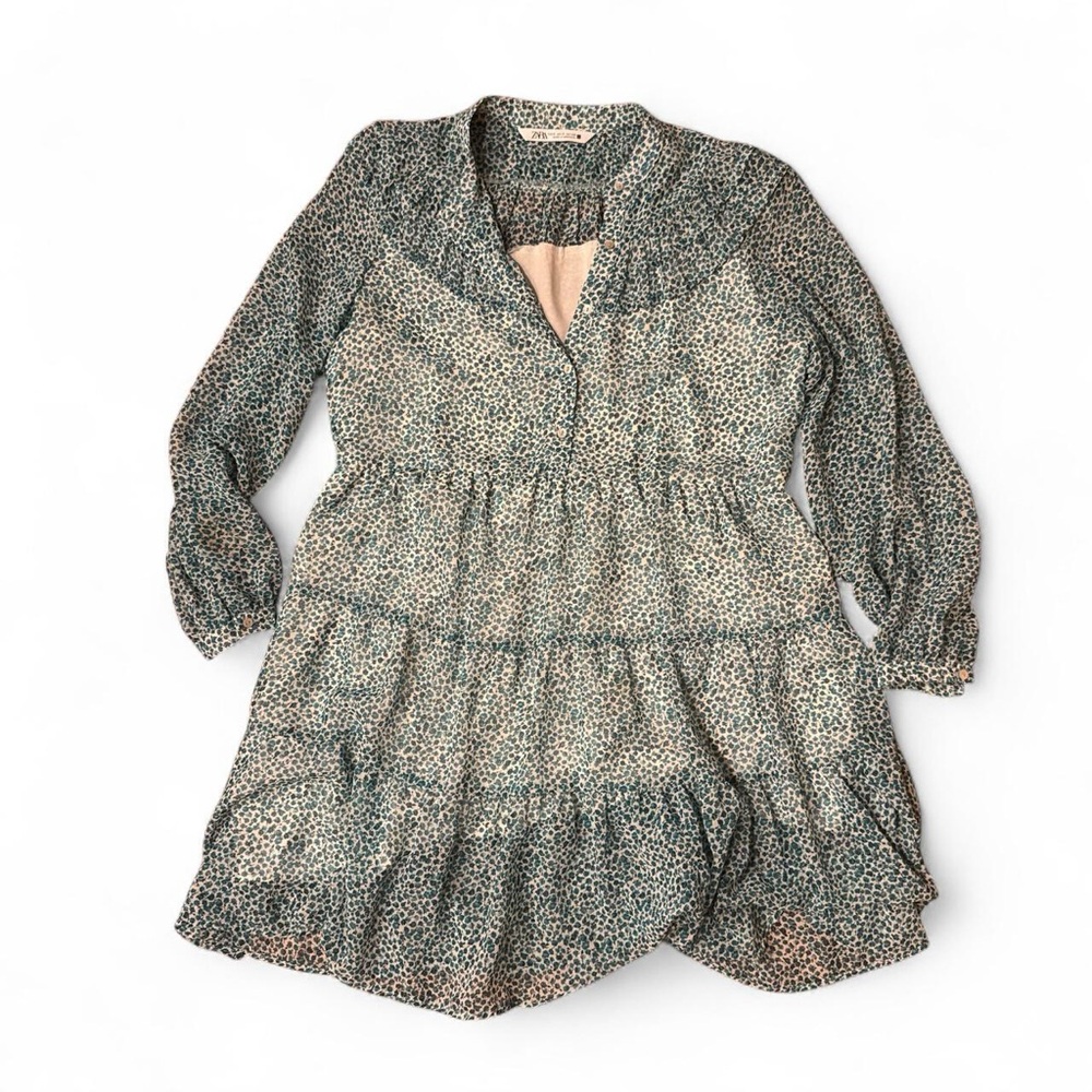 Zara Long Sleeve Floral Dress - Green and Cream
